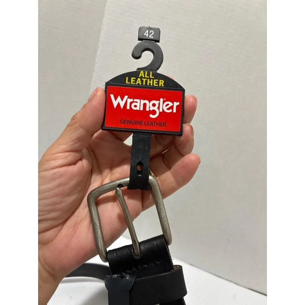 New Wrangler Men's Genuine Black Leather Casual Belt free key fob metal buckle s
